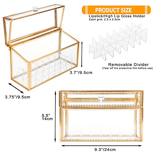 HighFree 24 Slots Glass Lipstick Organizer - Gold Vintage Transparent Display Box With Lid & Removable Dividers for Lip Gloss