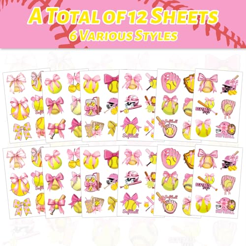 Pink Coquette Bows Softball Temporary Tattoos - 12 Sheets