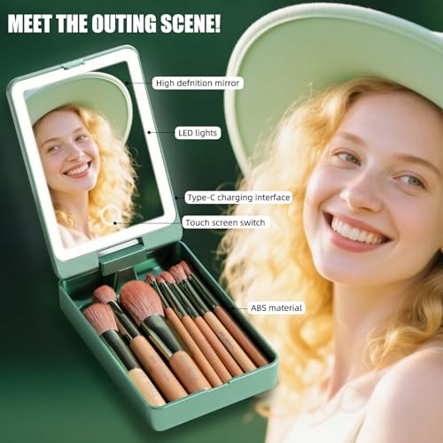 BS-MALL Travel Makeup Brush Set ? 14 Pcs Foundation Powder Concealers Eye Shadows with LED Light Mirror, Green