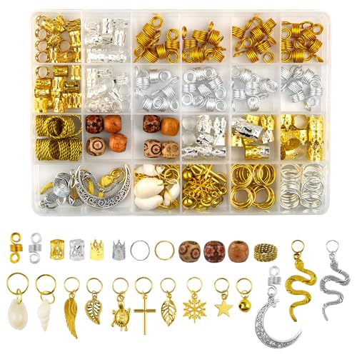 Qingchuang 241 PCS Hair Jewelry for Braids, Locs Metal Gold and Silver Clips Shells Imitation Wood Beads, Adjustable Cuffs Braiding Hair Rings Decoration, Dreadlock Beads for Girls