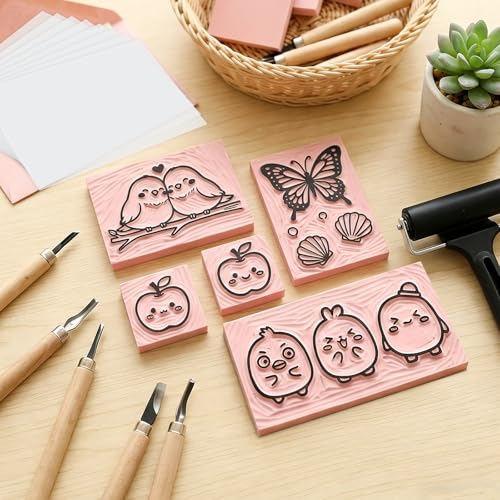 Linocut Kit for Beginners - 12 Linoleum Blocks, 6 Carving Tools & Ink