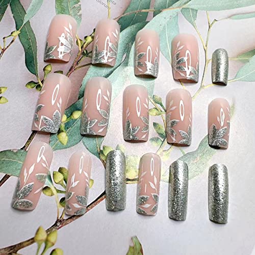 Short Almond Press on Nails Square Fake Nails Flowers Design Glossy Glue on Nails Full Cover False Nails Short White French Nail Tips Artificial Acrylic Nails Summer for Women DIY Nail Art Decorations