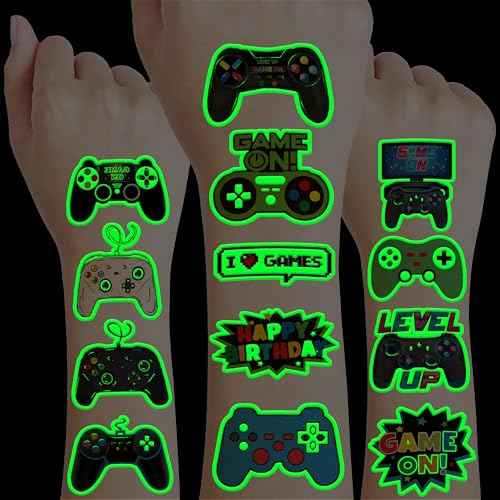 96 PCS Game Pre-Cut Luminous Glow in the dark Temporary Tattoos Themed for Kids Birthday Party Decorations Supplies Favors Decor Super Cute Tattoo Stickers Sticker Gifts for Games Boys Girls