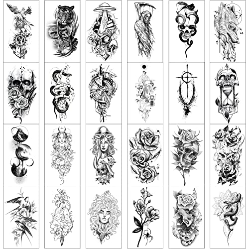GLARYYEARS Temporary Tattoo for Adults, 24-Pack Large Creative Realistic Tattoos, Black Design Variety Pack Fake Tattoo Stickers for Women Men Body Arm, Long-lasting Snake Skull Tattoos for Halloween