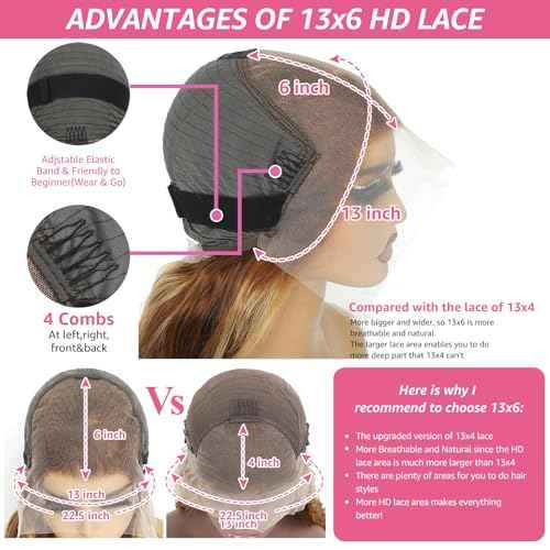 Ombre Highlight 13x6 HD Lace Front Wigs Human Hair with Baby Hair 200 Density 4/27 Honey Blonde Body Wave Frontal Wigs Human Hair 34 Inch