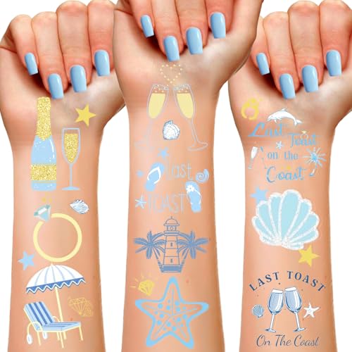 Last Toast On The Coast Bachelorette Temporary Tattoos Stickers, Blue Last Toast On The Coast Bachelorette Party Decorations Nautical Coastal Bachelorette Party Supplies for Bridal Shower
