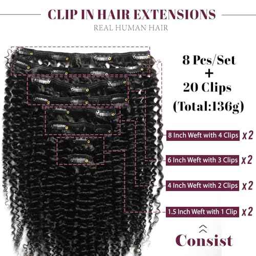 KRN Clip in, 136g 8 pcs Full And Thick Kinky Curly Hair Extensions Clip ins for Black Women 12A Natural Black Real Hair Extensions Clips in Human Hair 20 Clips Easy to Wear 22 Inch