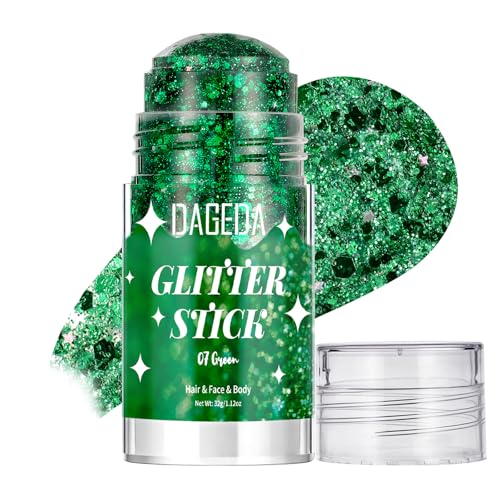 DAGEDA Green Body Glitter Stick,Sparkly Hair Face Glitter Makeup for Women St Patricks Day Accessories, Holographic Green Face Paint Stick for Women Halloween Makeup 1.12 oz