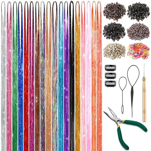 Hair Tinsel Kit with 18 Colors & Tools for Easy Hair Extensions