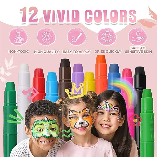 Beesjuy Face Painting Kits for Kids,12 Color Water Based Face Paint Crayon, Washable Kids Body Paint Makeup Sticks for Halloween, Birthday Party, Clown/Cosplay Makeup