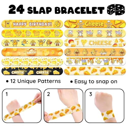96 PCS Cheese Party Favors Set ? 72 Pre-Cut Temporary Tattoos & 24 Slap Bracelets for Kids, Perfect for Cheese-Themed Birthdays, Classroom Rewards & Party Decorations