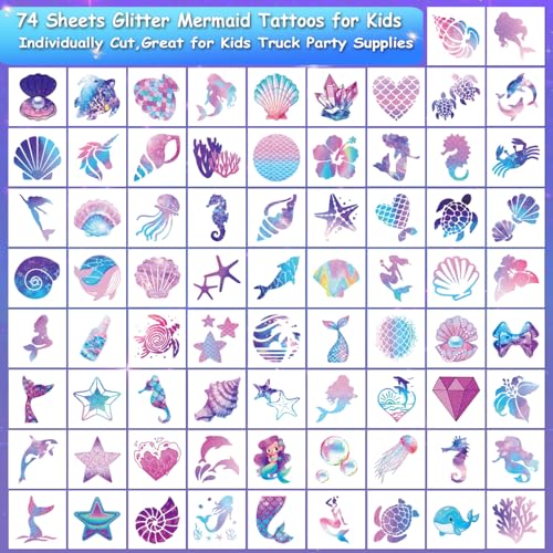 Glitter Mermaid Temporary Tattoos for Kids - 74 Individually Sheets Glitter Tattoos for Kids Mermaid Birthday Decorations
