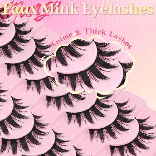 Ahrikiss Lashes Spiky Manga Lashes Anime False Eyelashes 8 Pairs Faux Mink Lashes Cosplay Thick Fake Eyelashes Soft Strip Lashes 8-16mm Wispy Fake Lashes Natural Look (Doll)