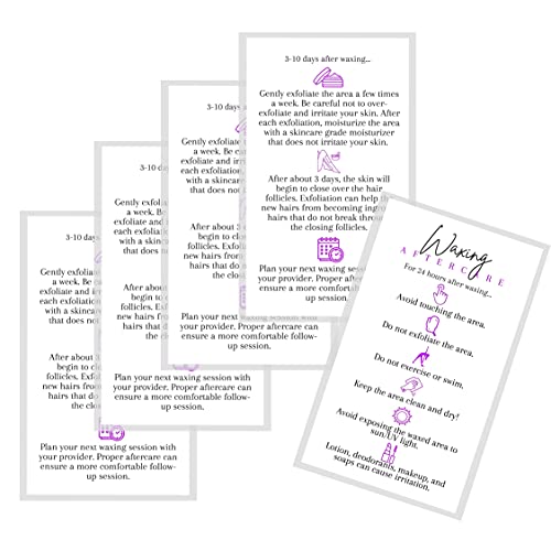 Boutique Marketing LLC Waxing Aftercare Cards | 50 Pack | Size 2 x 3.5¡± inches Business Card Size | Hair Removal Aftercare Kit | White with Purple Design