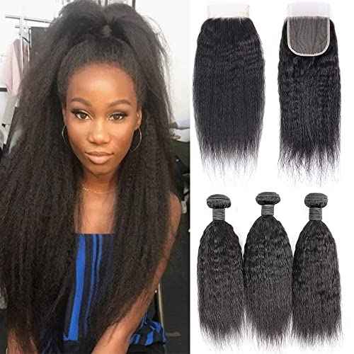 Human Hair 3 Bundles With Closure 10A Brazilian Virgin Hair Short Weave with 4x4 Middle Part Half Hand Tied Lace Closure Natural Color (kinky straight, 121212+10)