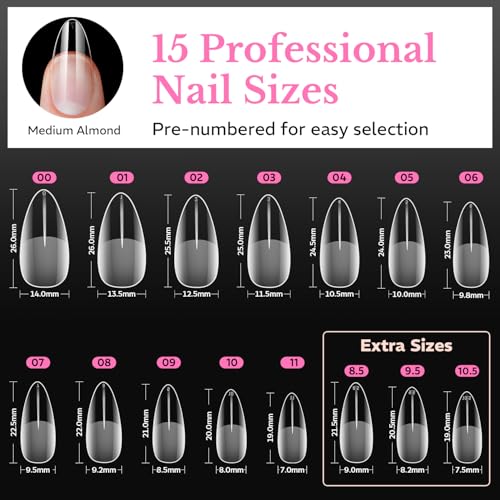 Medium Almond Soft Gel Nail Tips - Pre-Etched Clear Full Cover (600 Pcs)