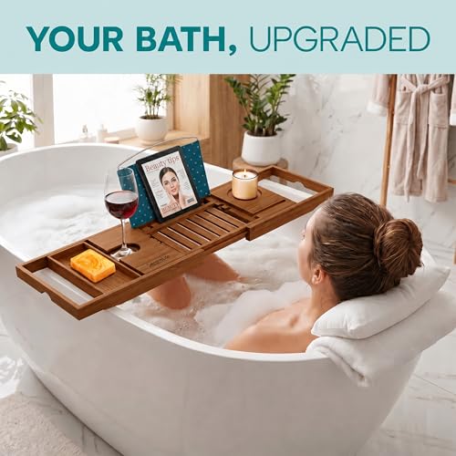 SereneLife Bamboo Bathtub Caddy Tray with Wine Holder