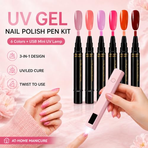 3-in-1 Quick-Dry Gel Nail Polish Pen Set with Fine Tip, 6 Colors