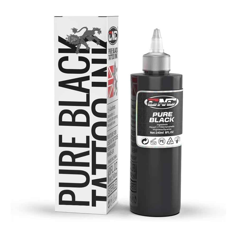 CNC 8oz Black Tattoo Ink Set 240ml Pure Black Vegan-Friendly Pigment Professional Tattoo Supplies for Lining, Shading, Blending Premium Skin-Safe Inks TI6003-240-001