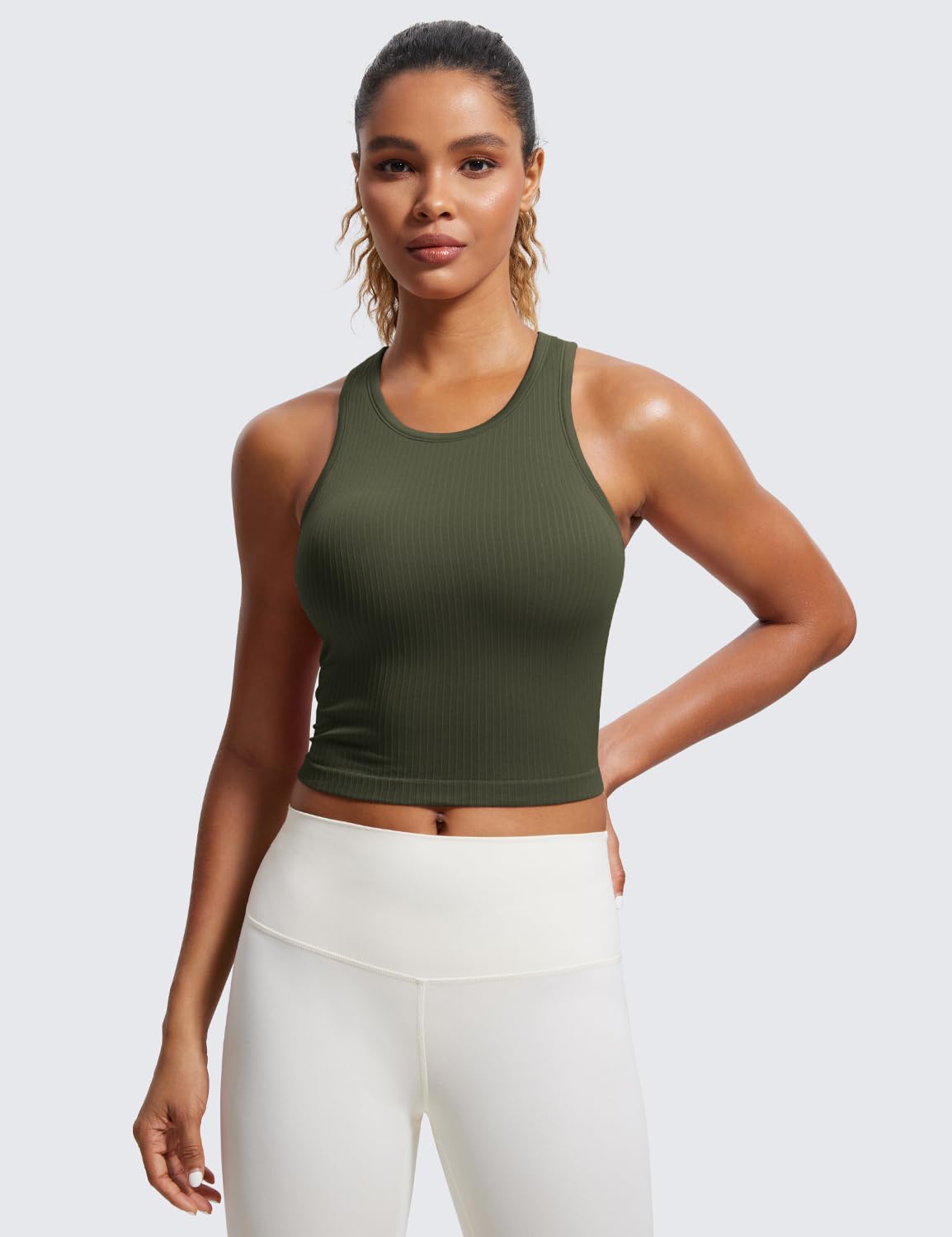 CRZ YOGA Womens Seamless Ribbed Longline High Neck Sports Bra - Racerback Padded Slim Fit Crop Tank Top with Built in Bra Olive Green XX-Small