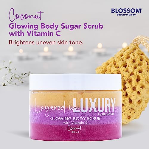 Blossom Layered in Luxury Glowing Scented Lather Foaming Body Sugar Scrub Exfoliating Polish with Skin Brightening Vitamin C, Cruelty Free, 300ml, Peach