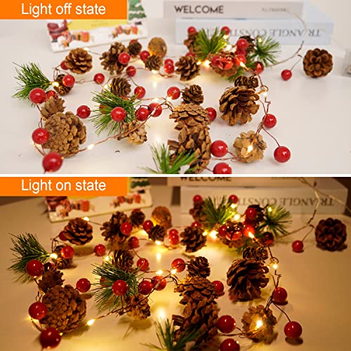 Rocinha Christmas Garland with Lights Battery Operated 10Ft 30 LED Red Berry Garland with Lights Pine Garland Christmas Lighted Garland for Mantle Fireplace Table Indoor Outdoor Xmas Decor