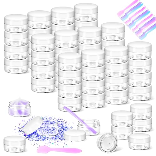 MotBach 50 Pack 10g Plastic Jars with Lids, 10ml Round Clear Cosmetic Containers Makeup Jars, Travel Size Container Jar with 20 Spatulas for Sample Lotion Cream Eyeshadow Ointment Salve Balm Powder