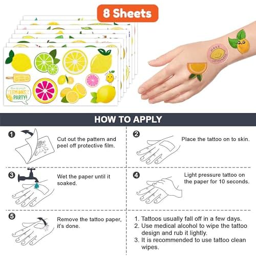 Lemon Temporary Tattoos 89 PCS Yellow Lemonade Citrus Party Decorations Favors Supplies Lime Soda Fruit Theme Birthday Cute Tattoo Stickers Christmas Gifts for Boys Girls Kids School Prizes Carnival