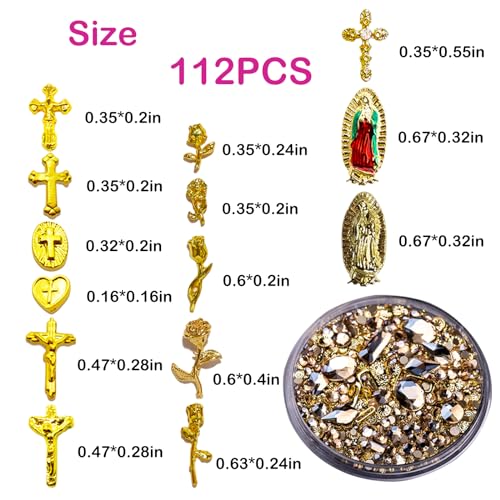 Gehaiwo 112PCS Gold Nail Charms and 1Box Nail Art Rhinestone,Gold Alloy Virgin Mary Cross Rose Nail Decoration for Acrylic Nails, Nail Jewels Accessories for Nail Art Supplies DIY Nail Craft