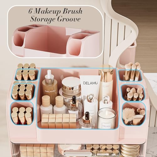 Delamu Pink Large Makeup Organizer with 6 Brush Holders Countertop Storage