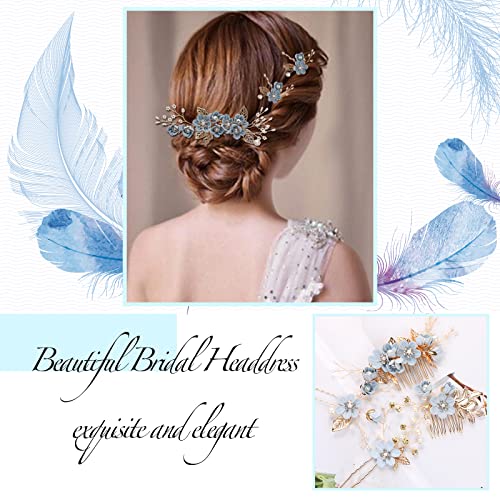 UHOMENY 4PCS Wedding Hair Pins, Bridal Pearl Hair Side Combs Set Floral Leaf Head Piece Hairdecor Accessories Rose Gold Rhinestone Handmade Bridesmaid Hair Clip Crystal Headpiece Set for Women Girls