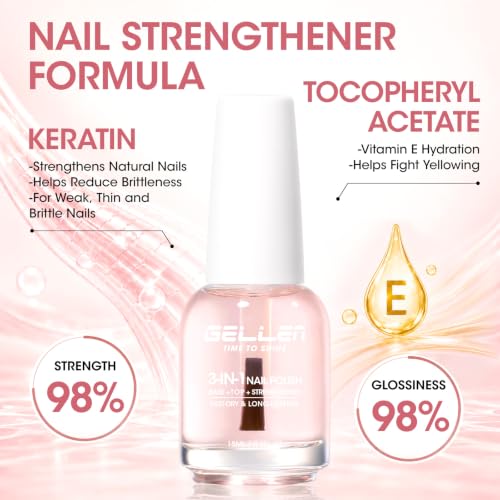 GELLEN 3-in-1 Clear Nail Strengthener Polish & Top Coat with Keratin
