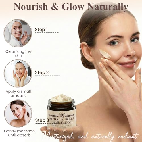 Beef Tallow for Skin 4oz Unscented, Organic Whipped beef Tallow and Honey Balm, 100% Grass Fed Beef Tallow Face Moisturizer For Dry Skin, Lip balm, Eczema Natural Tallow Moisturizer Lotion Body Butter