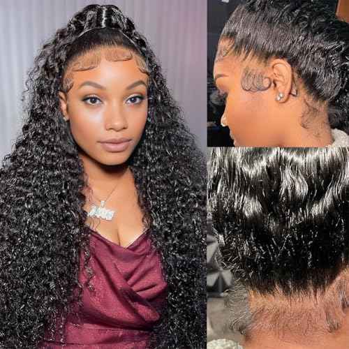 Pizazz Hidden Strap 360 Full Lace Frontal Wigs Human Hair Pre Plucked Pre Bleached 180 Density Glueless Water Wave Human Hair Wigs with Drawstring (Black, 22 Inch)