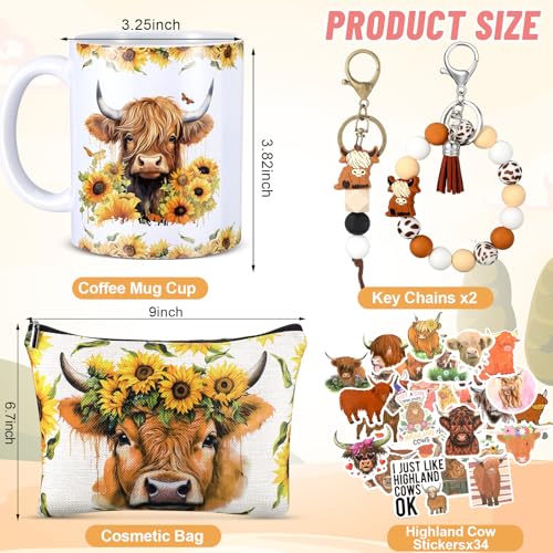 Graduation Highland Cow Gifts Set Include Highland Cow Makeup Bag Stickers Cute Sunflower Butterfly Coffee Mug Keychain for Women Mothers Day Housewarming Party