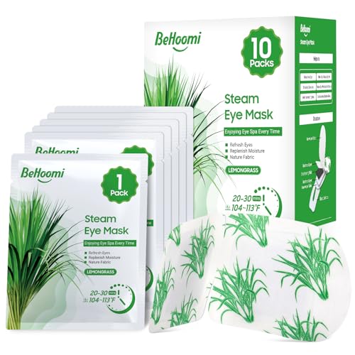 BeHoomi Steam Eye Mask, 10 Packs Heated Eye Mask, Self Heating Disposable SPA Warm Compress for Eyes Sleep Mask, Soothing Moist Heat Eye Masks, Travel Essentials & Relaxation Gifts (Lemongrass Scent)