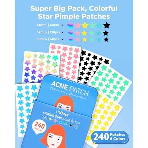 LitBear Acne Patch Pimple Patch, 6 Colors 240 Dots Star Pimple Patches with Tea Tree Oil & Centella Oil, Hydrocolloid Acne Pimple Patches for Face Cute Zit Patches Pimple Stickers Acne Dots