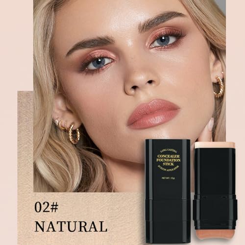 Foundation Stick, 2 in 1 Dual-Ended Long-Lasting Concealer Korean Foundation Contour Stick, Waterproof Contouring foundation with Brush, Full Coverage Matte Finish for Face Makeup(02#NATURAL)