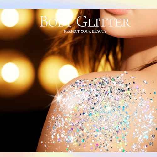 Teenitor Body Glitter, Body Glitter Gel, Hair Glitter, Face Glitter, Holographic Chunky Makeup Silver Glitter Gel for Face, Makeup, Hair, Eye