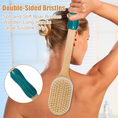 OWIIZI Back Scrubber for Shower with Soft and Stiff Boar Bristles Dual-Sided Wooden Long Handle Antiskid Body Bath Brush for Back Use Wet or Dry,Deep Cleanse Large Surface Back Scrub Brush