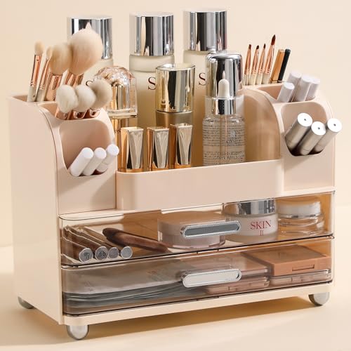 Anyoifax Makeup Organizer with Large Drawers and Clear Compartments, Beige