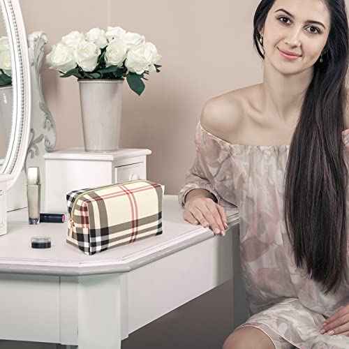 MAANGE Small Makeup Bag for Purse, 2 PCS Cosmetic Bag for Women Travel Makeup Pouch Leather Make up Bag Portable Zipper Pouch Brushes Bag - khaki plaid