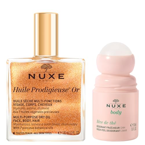 Nuxe Huile Prodigieuse Shimmer Dry Oil (1.6 Fl Oz) & R?ve de Th? Aluminum-Free Deodorant (1.6 Fl Oz), Skincare Duo for Radiant Skin & 24-Hour Freshness
