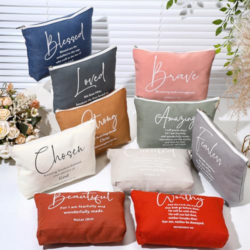 20 Pcs Inspirational Christian Easter Gifts for Womens History Month Religious Makeup Bags Canvas Bible Verse Cosmetic Bag with Zipper Church for Sister Mothers Day(Bright,Bible Words)