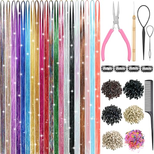 20 Colors Hair Tinsel Kit with Tools - 8000 Strands Heat Resistant Extensions