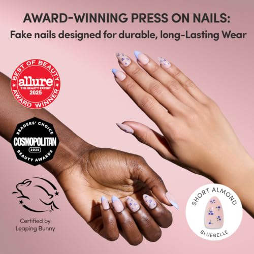 Glamnetic Short Almond Press On Nails - Bluebelle Variant, 30 Pc Full Kit, Glossy Fake Nails