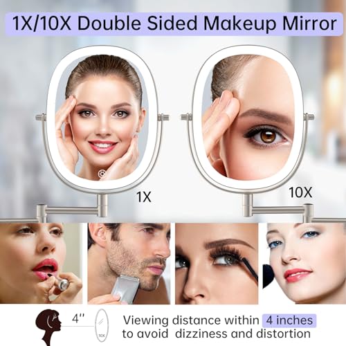 FUNTOUCH Rechargeable Wall Mounted Lighted Makeup Mirror, Oval Double-Sided Mirror 1X/10X Magnifying Mirror,3 Color Lights Touch Screen Dimmable 360¡ÆSwivel 13 Inch Extendable,Nickel
