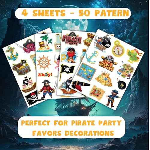 50Pcs Pirate Tattoos for Kids Party Decorations, Pirate Temporary Tattoo Fake Neverland Pirated Cannon Powder Tattoo Body Sticker for Pirate Birthday Party Favors Supplies Boys Girls Party Bag Filler