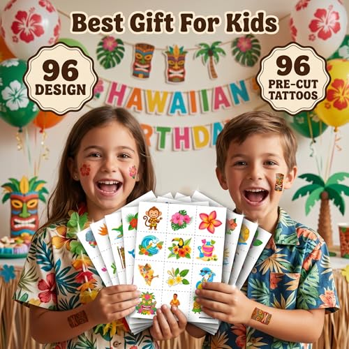 96 PCS Hawaiian Luau Temporary Tattoos for Kids