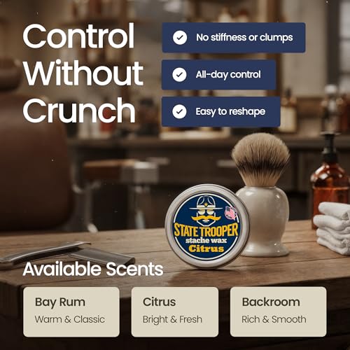 State Trooper Mustache Wax for Men ? Medium Hold with Beeswax, Coconut Oil & Lanolin ? Natural Moustache Grooming & Styling Wax with Citrus Scent - Nourishing Conditioner & Sculpting